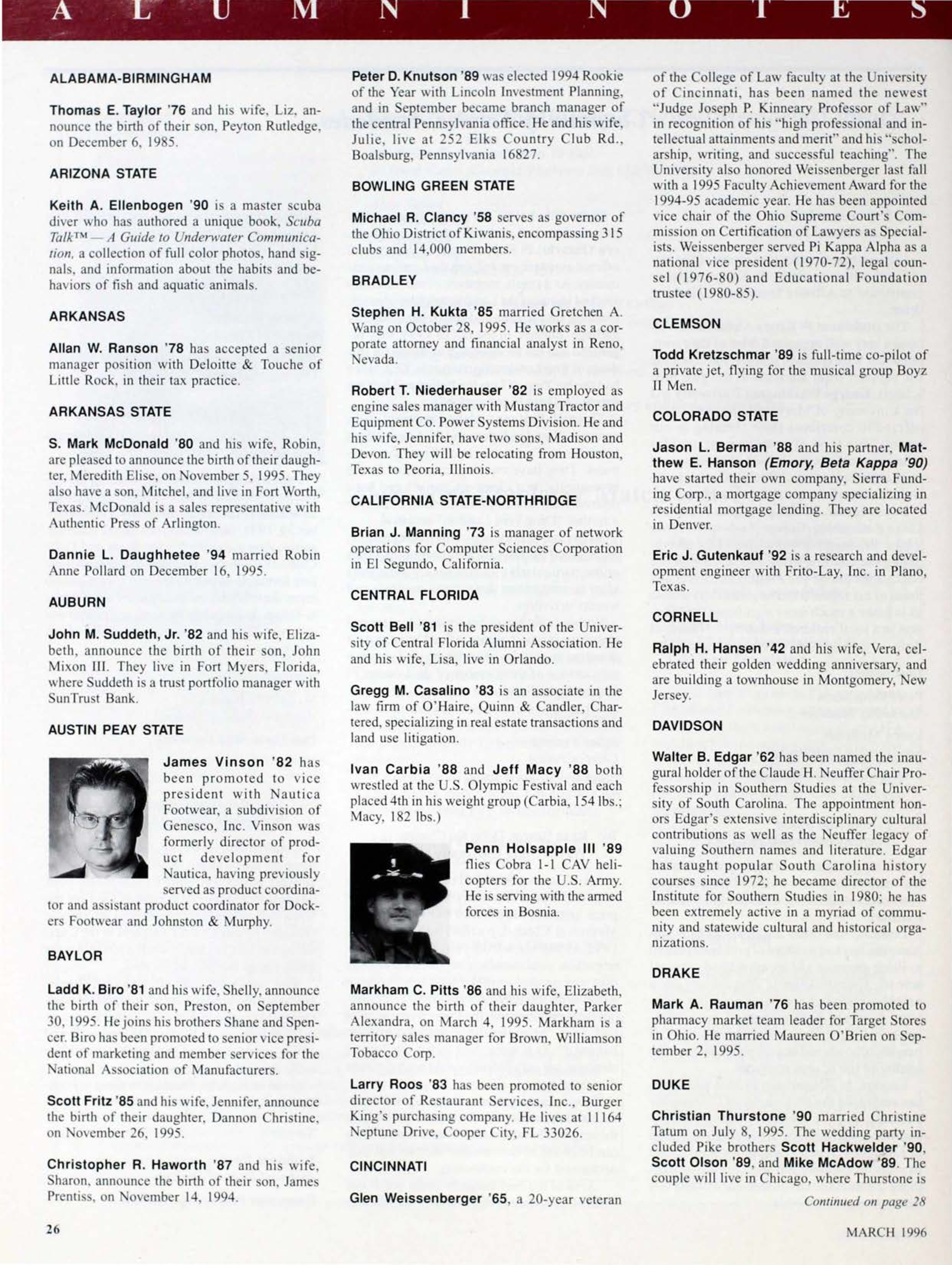Alumni Notes, March 1996